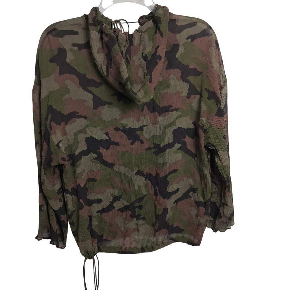 4994)Michael Kors Camouflage Silk Georgette semi Sheer Pullover Hooded Blouse M - Picture 6 of 11